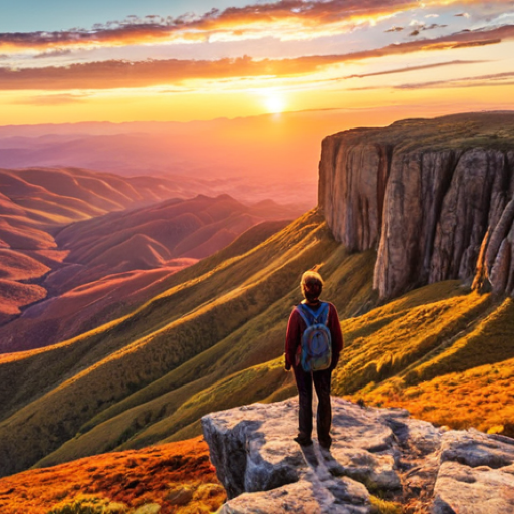A traveler standing on a cliff overlooking a vast, colorful landscape at sunset, symbolizing self-discovery and new perspectives gained from travel. The color palette should evoke feelings of warmth, adventure, and introspection.