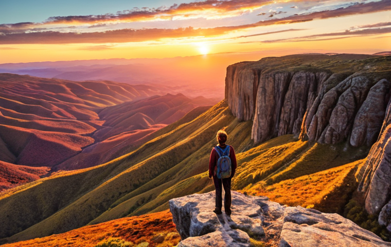 A traveler standing on a cliff overlooking a vast, colorful landscape at sunset, symbolizing self-discovery and new perspectives gained from travel. The color palette should evoke feelings of warmth, adventure, and introspection.
