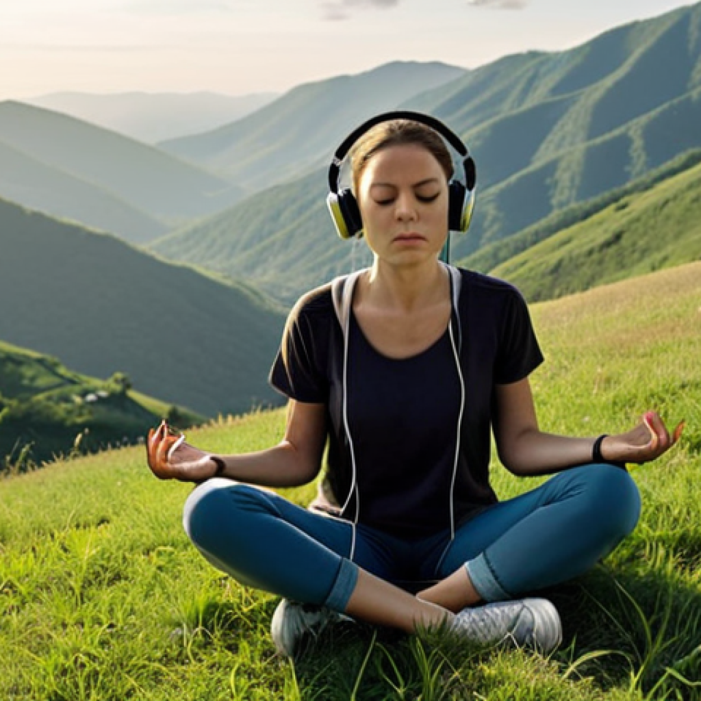 **

A traveler practicing mindfulness in nature. They are sitting cross-legged on a grassy hill overlooking a scenic vista, eyes closed, with noise-canceling headphones on. The scene is peaceful and serene, emphasizing the concept of digital detox and finding a quiet space.

**