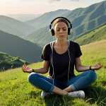 **

A traveler practicing mindfulness in nature. They are sitting cross-legged on a grassy hill overlooking a scenic vista, eyes closed, with noise-canceling headphones on. The scene is peaceful and serene, emphasizing the concept of digital detox and finding a quiet space.

**