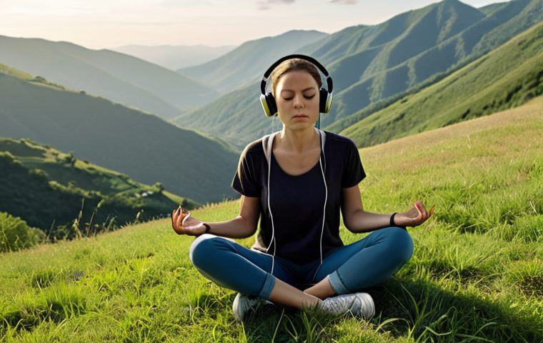 **

A traveler practicing mindfulness in nature. They are sitting cross-legged on a grassy hill overlooking a scenic vista, eyes closed, with noise-canceling headphones on. The scene is peaceful and serene, emphasizing the concept of digital detox and finding a quiet space.

**